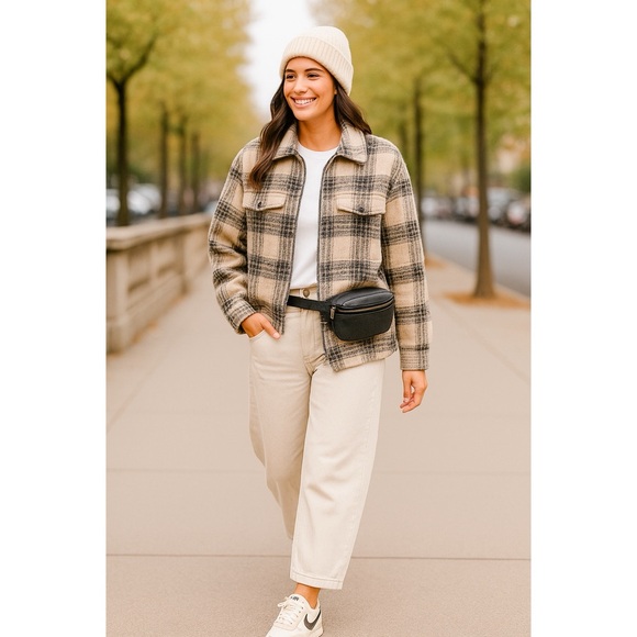 Joie Womens Zip Up Plaid Shacket Neutral Beige Black Oversized Fit Sz L Pockets - Picture 1 of 11